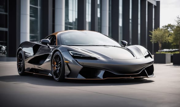 A low-angle view of a silver sports car with orange accents parked on a paved surface in front of a modern building. The car has a sleek design and large wheels