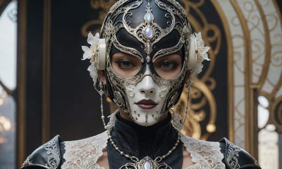 A woman with dark hair and piercing blue eyes wears a silver, intricate mask that covers her entire face. Her attire is mostly black with white lace accents