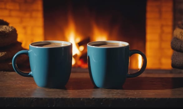 Two blue mugs of coffee rest on a wooden surface in front of a fireplace with a warm glow.