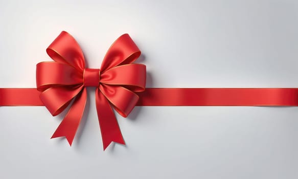 A red ribbon tied into a bow rests on a white background. The bow is centered in the image, with the ribbon extending to the left and right.