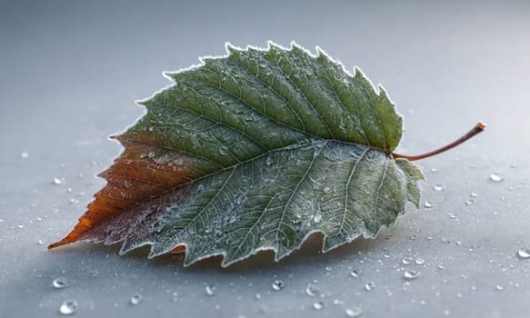 A close-up of a single leaf lying on a wet surface. The leaf is partially brown, with a green edge covered in water droplets. The surface is also covered in small water droplets.