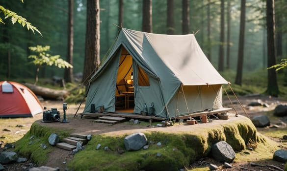 A large canvas tent is set up on a small rise in a wooded area. It is a sunny day and the tall trees are casting long shadows