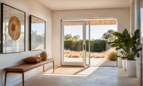 A modern entryway with a leather bench and large glass doors that open to a spacious backyard. There are two framed pictures on the wall, one featuring a round, brown hat
