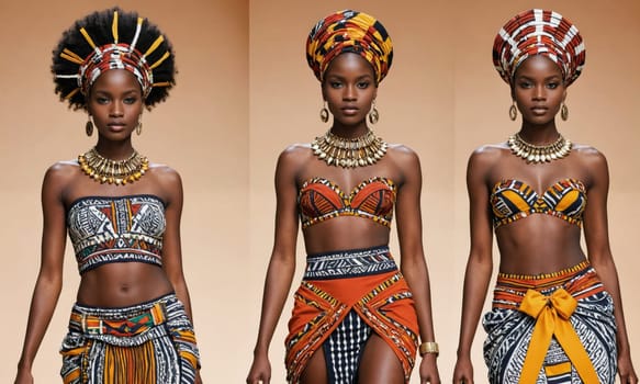 Three models are walking down a runway wearing colorful and patterned outfits. The models are wearing different styles of headwear.