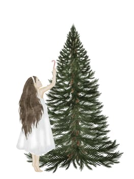 Girl decorates Christmas tree watercolor. Hand drawn vintage postcard for Christmas and New Year. Evergreen plant. Clipart isolated festive on white background. Perfect picture for bright holidays. High quality illustration
