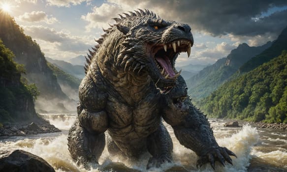 A large, reptilian monster with sharp teeth and claws roars in a river. The water splashes around its feet as it walks towards the viewer. In the background, there are lush green mountains and trees.
