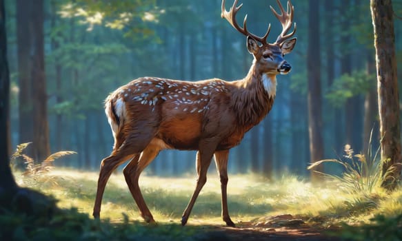A deer with a white throat and spotted fur stands in a forest clearing. The sun shines through the trees, illuminating the deer and the forest floor.