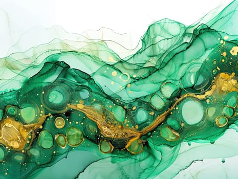 A stunning display of swirling green and gold hues blends together, creating a unique abstract design that evokes the essence of nature and elegance.