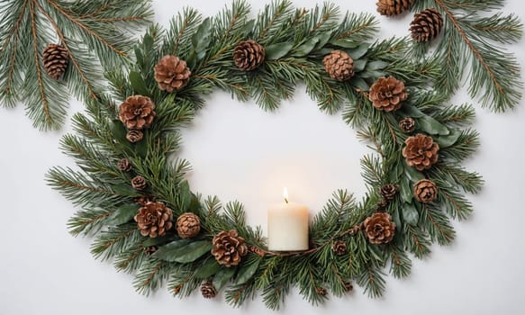 A green Christmas wreath made of pine needles and decorated with pine cones sits on a white background. A single white candle sits in the center of the wreath, its flame casting a warm glow.