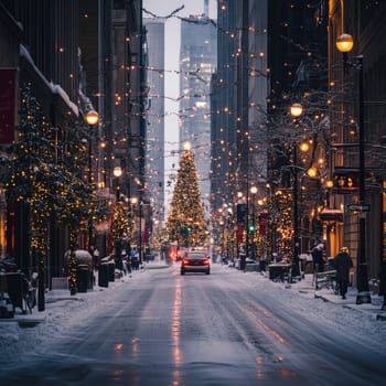 A winter city street is transformed with sparkling holiday lights and a prominent Christmas tree surrounded by fresh snow. The atmosphere is warm and festive despite the cold.
