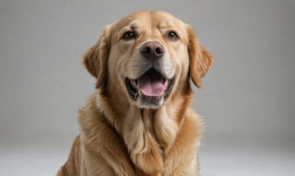 A golden retriever sits and looks directly at the camera. Its mouth is open and its tongue is slightly out. The dog has a light brown coat and a white chest.