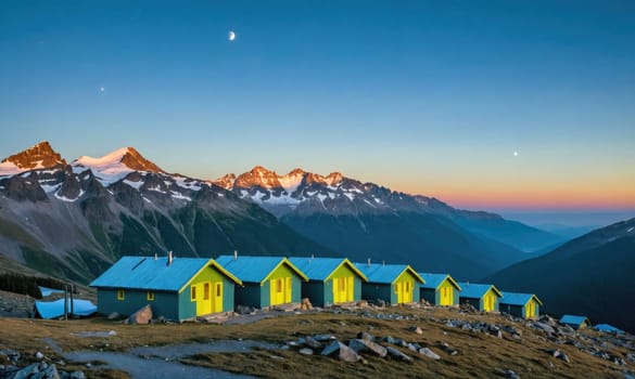 A row of colorful cabins sits on a hillside overlooking a valley with mountains in the distance. The sky is a beautiful gradient of blue and pink, with a few stars visible.