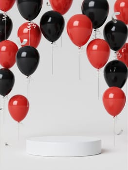 A 3D render depicting red and black balloons floating around a white pedestal, ideal for Black Friday displays and highlighting modern festive and promotional themes