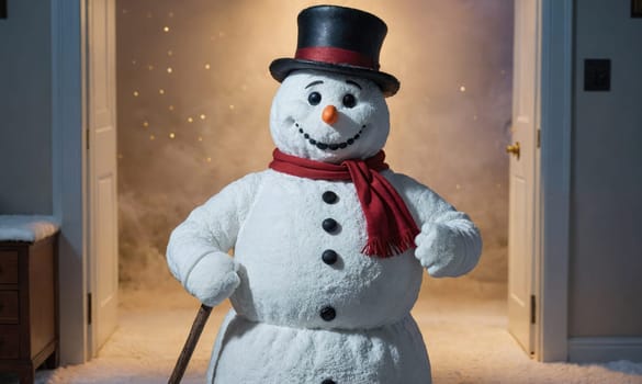 A snowman with a top hat and red scarf stands in an open doorway. The snowman is smiling and holding a stick in its left hand