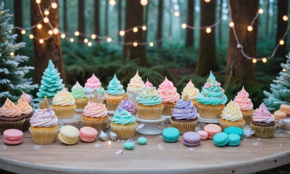 A table is set with a variety of pastel-colored cupcakes and macarons, surrounded by a blurry background of a forest with string lights.