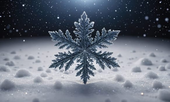 A large, intricate snowflake rests on a blanket of fresh snow, with more snowflakes falling around it