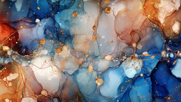 Swirling blue, orange, and gold alcohol inks create a mesmerizing nebula design with metallic hints. This vibrant fluid art adds magic and luxury to any space