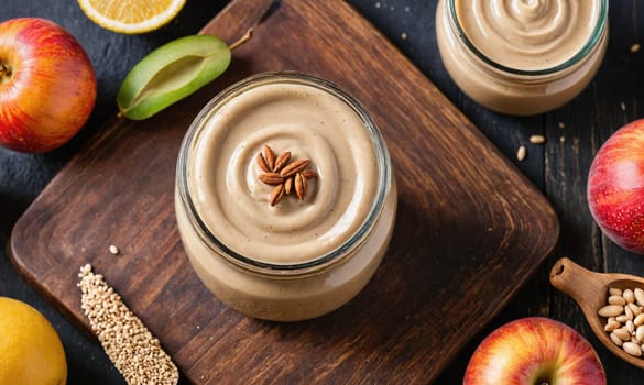 A glass jar filled with a creamy, light brown substance, possibly tahini, is placed on a wooden cutting board. A star anise sits on top of the tahini