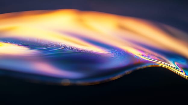 Colorful abstract texture is forming wavy shapes with a gradient going from yellow to blue and purple on a black background