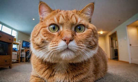 A close-up shot of a ginger cat with white markings, looking directly at the camera with wide, curious eyes. The cat is in a home setting, with a carpeted floor and a hallway in the background.