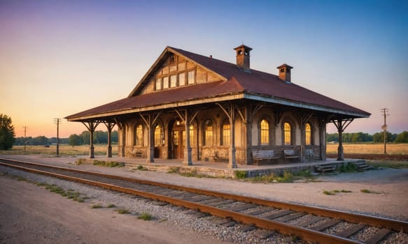 A rustic train station with a long wooden porch and a red tiled roof sits in the middle of a field. The sun is setting in the background, casting a warm glow over the scene