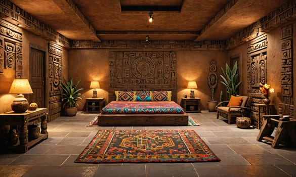 A large bedroom features a wooden bed with a colorful patterned comforter and several pillows, along with matching ornate rugs and a patterned headboard