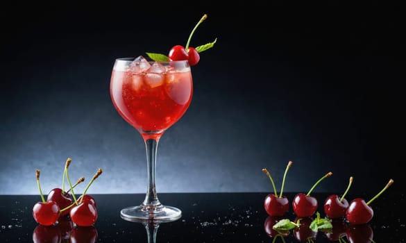A single glass of cherry-flavored drink filled with ice and garnished with a cherry and a mint leaf sits on a black surface