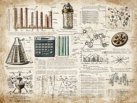 A comprehensive infographic features various charts, chemical structures, and calculations, highlighting significant scientific research and data in a vintage aesthetic.