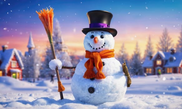 A snowman with a top hat and scarf is holding a broom, with a small village covered in snow in the background. The sky is a warm sunset color with a few snowflakes falling.