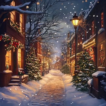A charming village street glows warmly under magical streetlights, with festive decorations, snow-laden trees, and a peaceful winter ambiance inviting a cozy evening stroll.