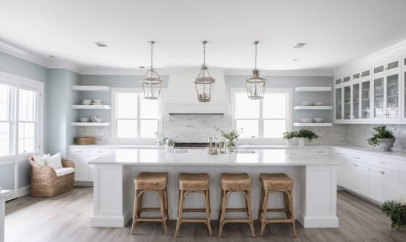 A modern kitchen with white cabinetry and a large, white kitchen island. Four woven bar stools are lined up in front of the island