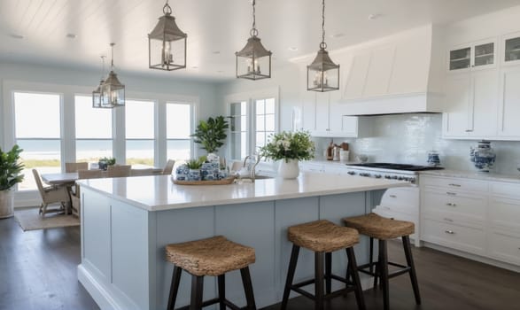 A bright kitchen with white cabinets, a large island with bar stools, and large windows overlooking a beach.