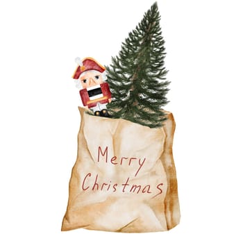 Christmas tree in a craft bag. Evergreen plant in paper packaging on a white background. Ideal for New Year and Christmas cards and posters. High quality photo