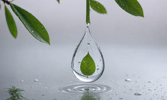 A large, clear water drop falls from a wet leaf. The drop contains a smaller leaf inside, and it creates ripples as it lands on the surface of the water.
