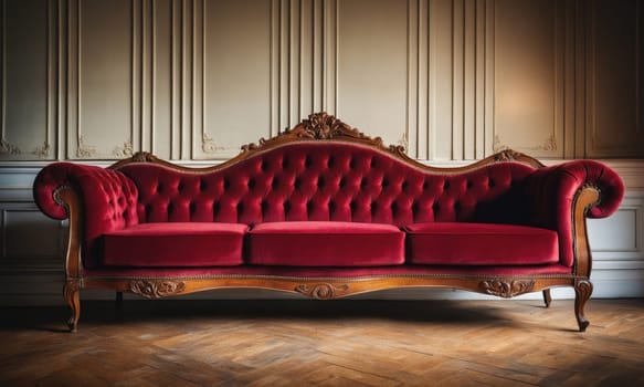A classic, three-seater sofa with a deep red velvet upholstery and carved wooden frame sits in an elegant room with white paneled walls and a wooden floor.