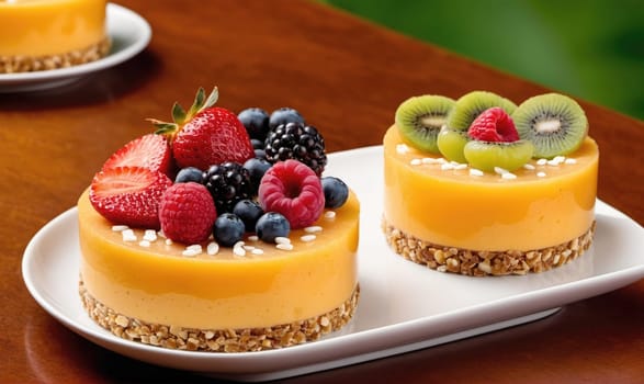 Two miniature fruit cakes are displayed on a white plate on a wooden surface. The cakes are yellow with a thin crust of granola