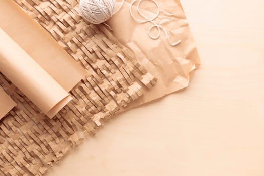 Eco-friendly packaging cushioning materials made of recycled paper for environmental protection, zero waste concept of sustainable consumption and environment protection