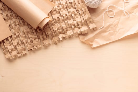 Eco-friendly packaging cushioning materials made of recycled paper for environmental protection, zero waste concept of sustainable consumption and environment protection