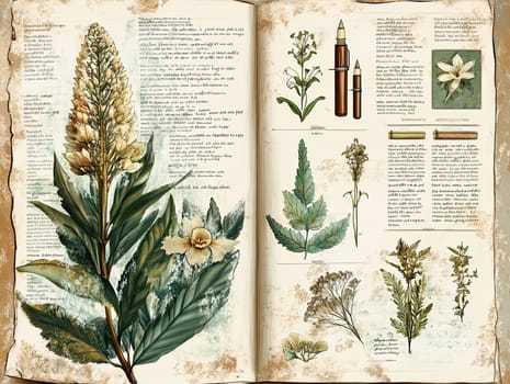 An antique book page showcases intricate botanical illustrations of different plants and herbs, accompanied by detailed descriptions of their features and uses.