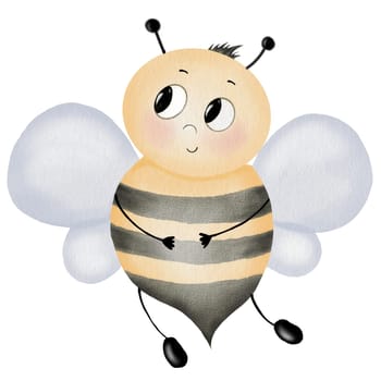Bee cartoon watercolor. Hand drawn cute bumblebee on isolated white background. Clip art insect. Ideal for children's educational cards, posters and organic honey labels. High quality illustration