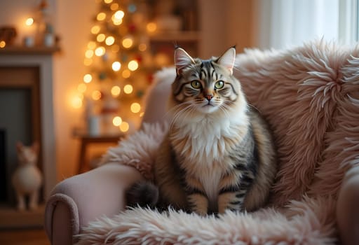 A cat in an armchair on the background of a Christmas tree. High quality photo
