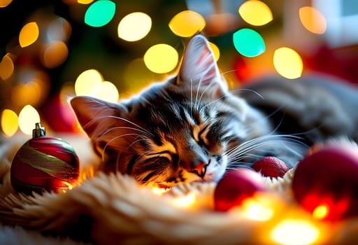 The cat sleeps against the background of a Christmas garland with golden lights and awaits the new year. High quality photo