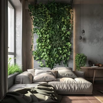 A stylish living room features a large vertical garden of lush greenery, complemented by comfortable seating. Natural light floods the space, enhancing its tranquility.