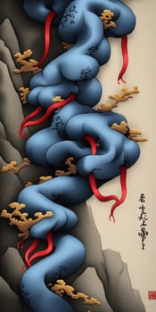 Abstract illustration featuring blue organic forms with red ribbons, flowing and intertwining on a textured background with gold details