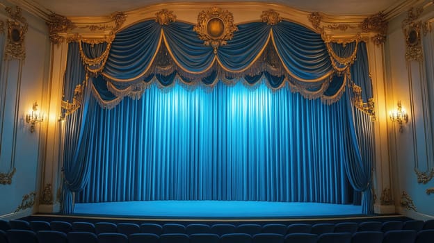 The theater stage displays rich blue curtains draped elegantly, setting the scene for an upcoming performance in a beautifully decorated venue.