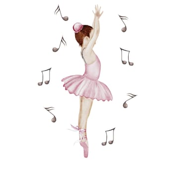 Ballerina watercolor. Hand drawn incredible girl dancer in pink tutu skirt with flying notes. Clip art on isolated white background of cute ballet beauty. Perfect for poster and cards, princess daughter room design. High quality illustration