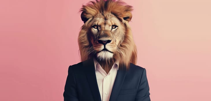 Portrait of confident stylish lion businessman in a suit with crossed arms looking at the camera on a pink background, business, animal, creative concept