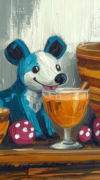 Oil painting of a whimsical still life featuring a blue dog with a glass of orange juice on a wooden table. Perfect for art lovers and those who appreciate unique and playful imagery