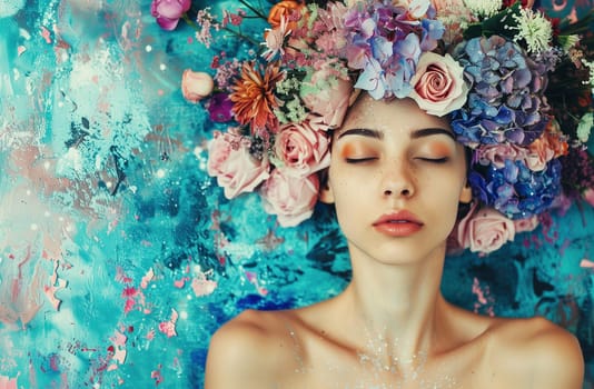 Beauty portrait of lovely beautiful young woman lying with flowers on her head, closing her eyes, abstract collage