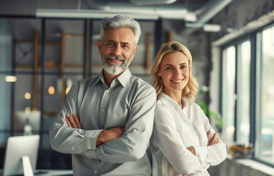 Portrait of two business people standing together in an office, happy business colleagues man and woman working as a team wearing business suit and looking at camera